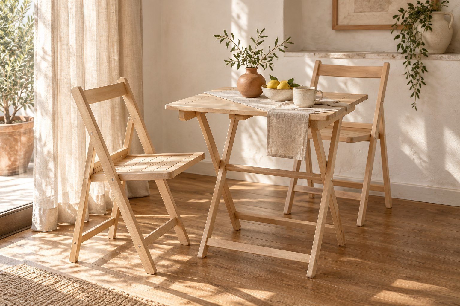 Ambientación de mesa de tablillas y sillas plegables Aranaz junto a cortinas de lino, con luz natural